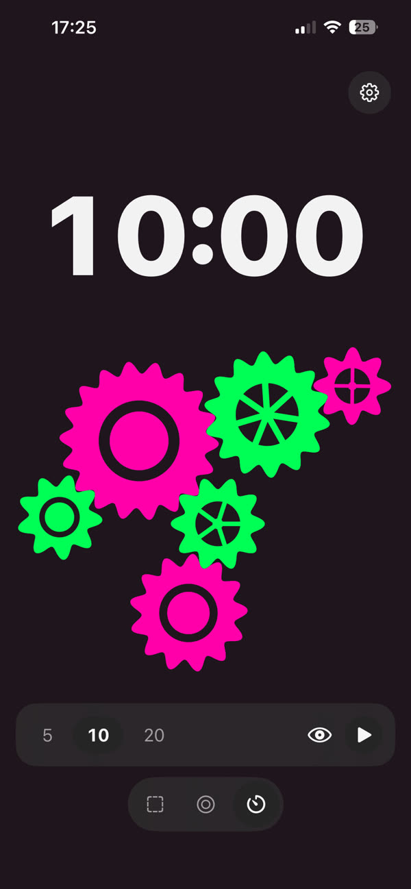 A 10:00 focus timer in big numerals above pink and green gears