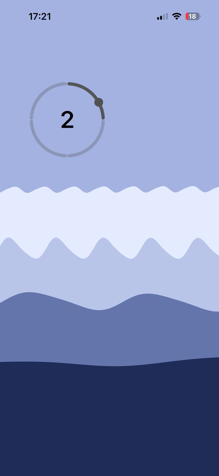 Stacked wave bands in shades of blue filling the screen, with a small breathing ring showing the number 2 in the top left corner.