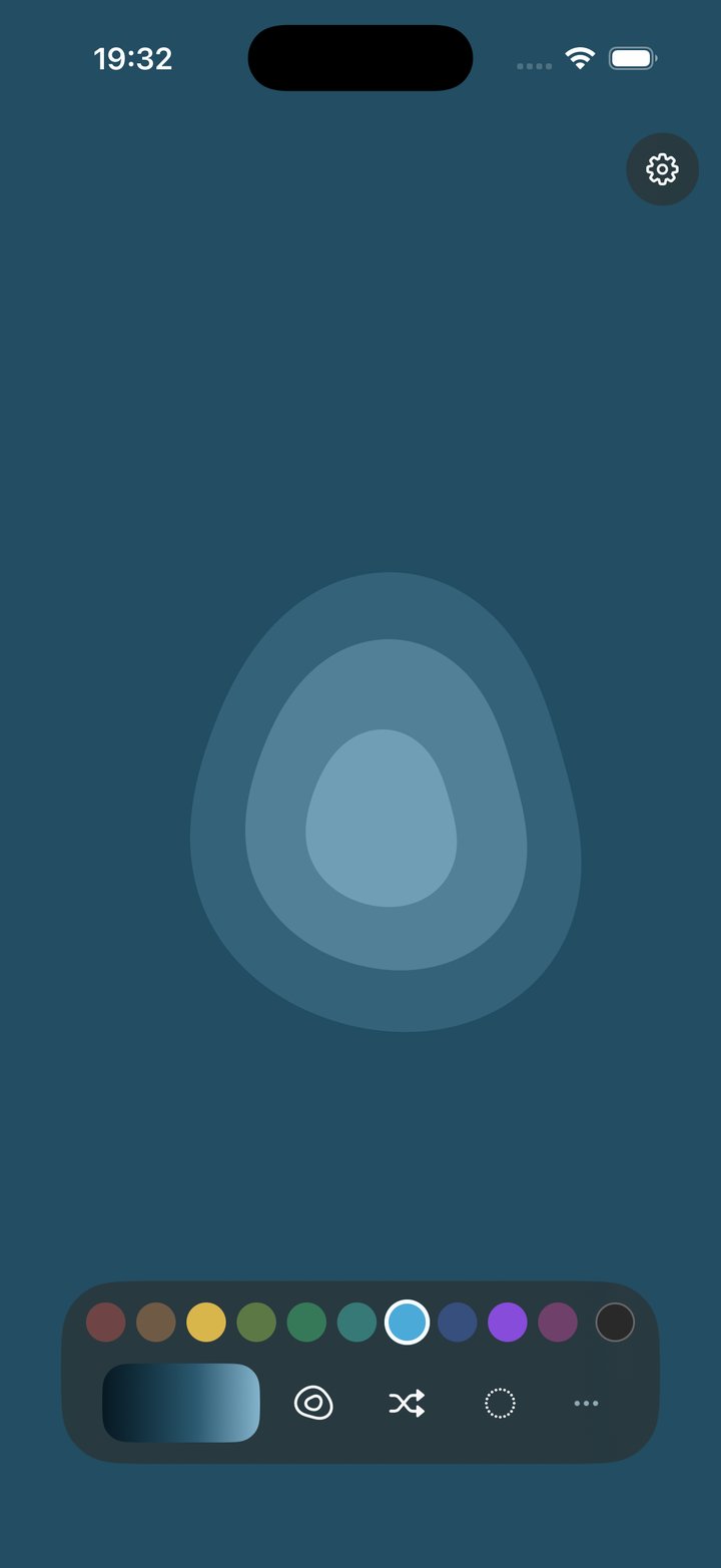 A soft egg-shaped composition in layered blues on a dark teal background, with a row of ten color dots and a few small controls in a bar at the bottom.