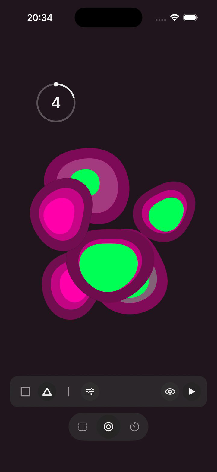 Breathe mode, before starting: the same cells, a single bar offering three breathing patterns and a custom one, a preview eye and a play button, with the mode switch below.