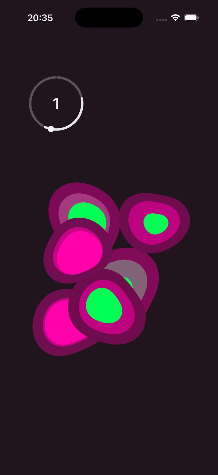 Breathe mode, running: the cells alone on screen with a small ring in the top left counting down, no other controls visible.