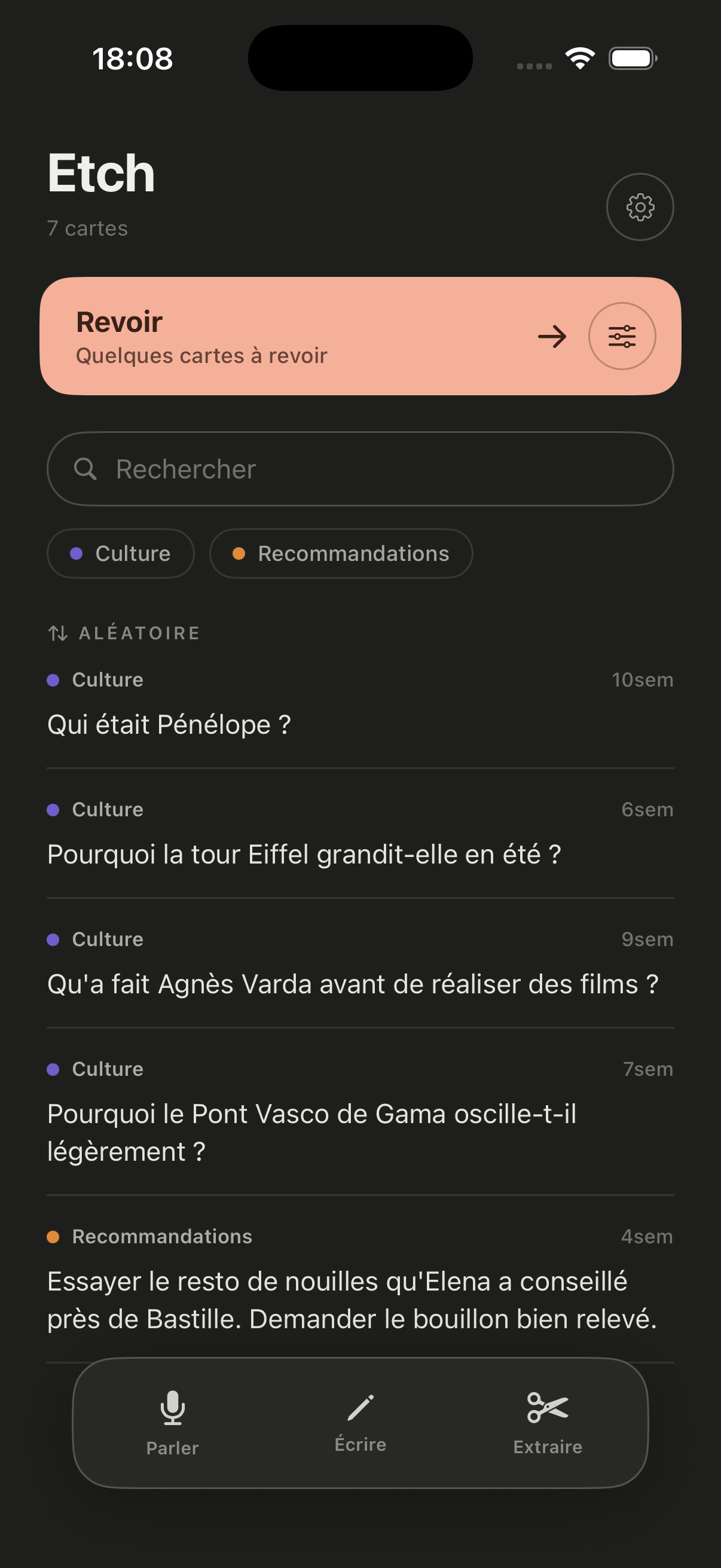 Écran d'accueil d'Etch avec la liste des cartes capturées et la barre de capture en bas